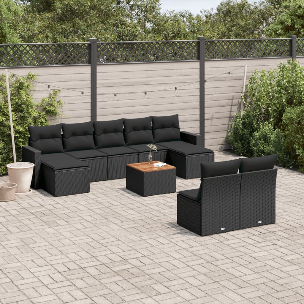 vidaXL Salon de jardin 10 pcs avec coussins Noir Résine tressée