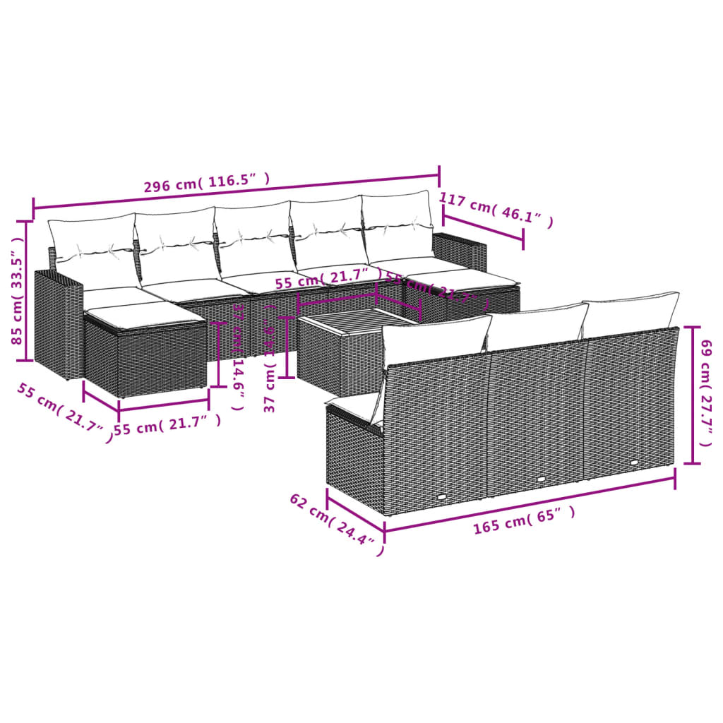 vidaXL Ensemble de canapés de jardin 11 pcs avec coussins en rotin synthétique beige