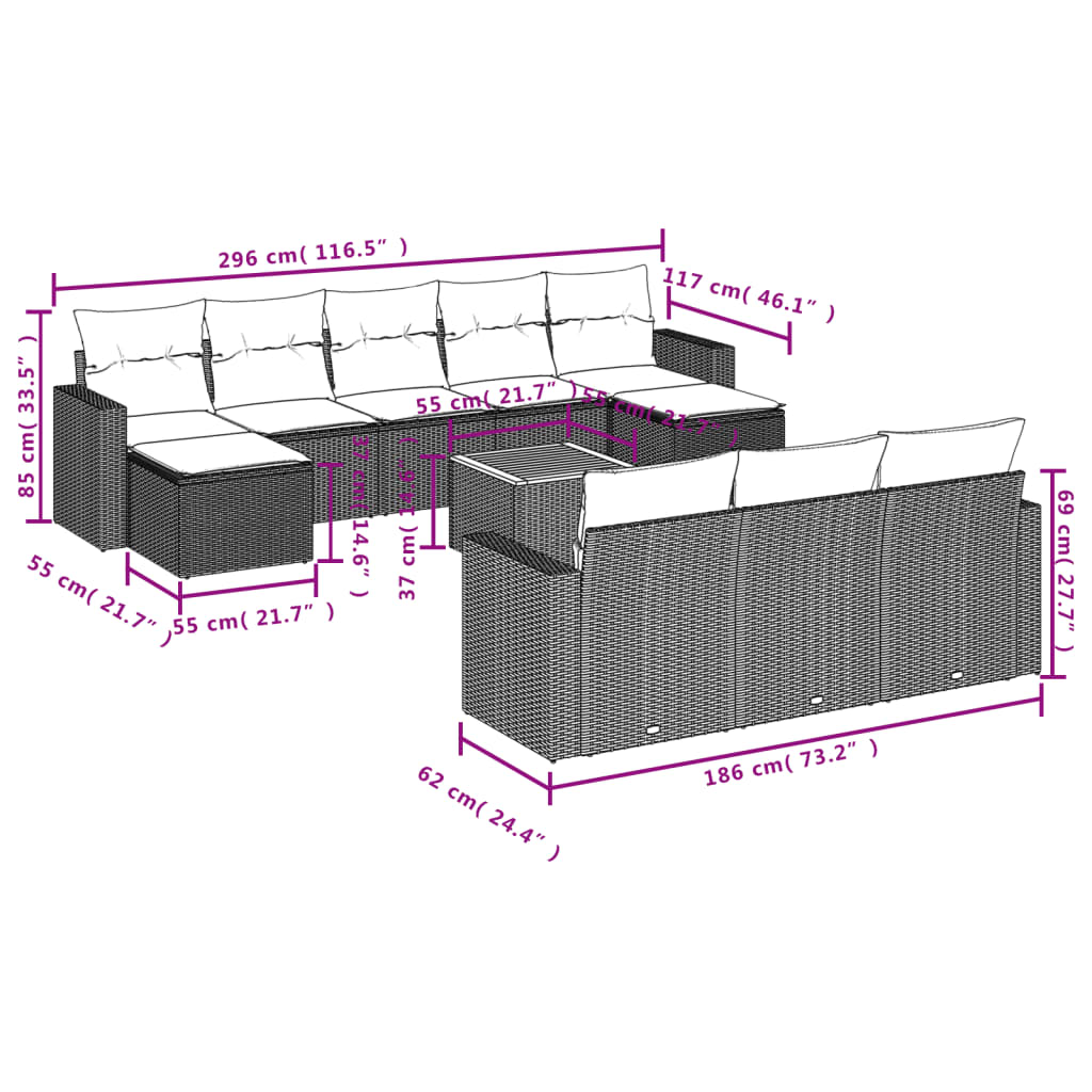 vidaXL Ensemble de canapés de jardin 11 pcs avec coussins en résine tressée gris