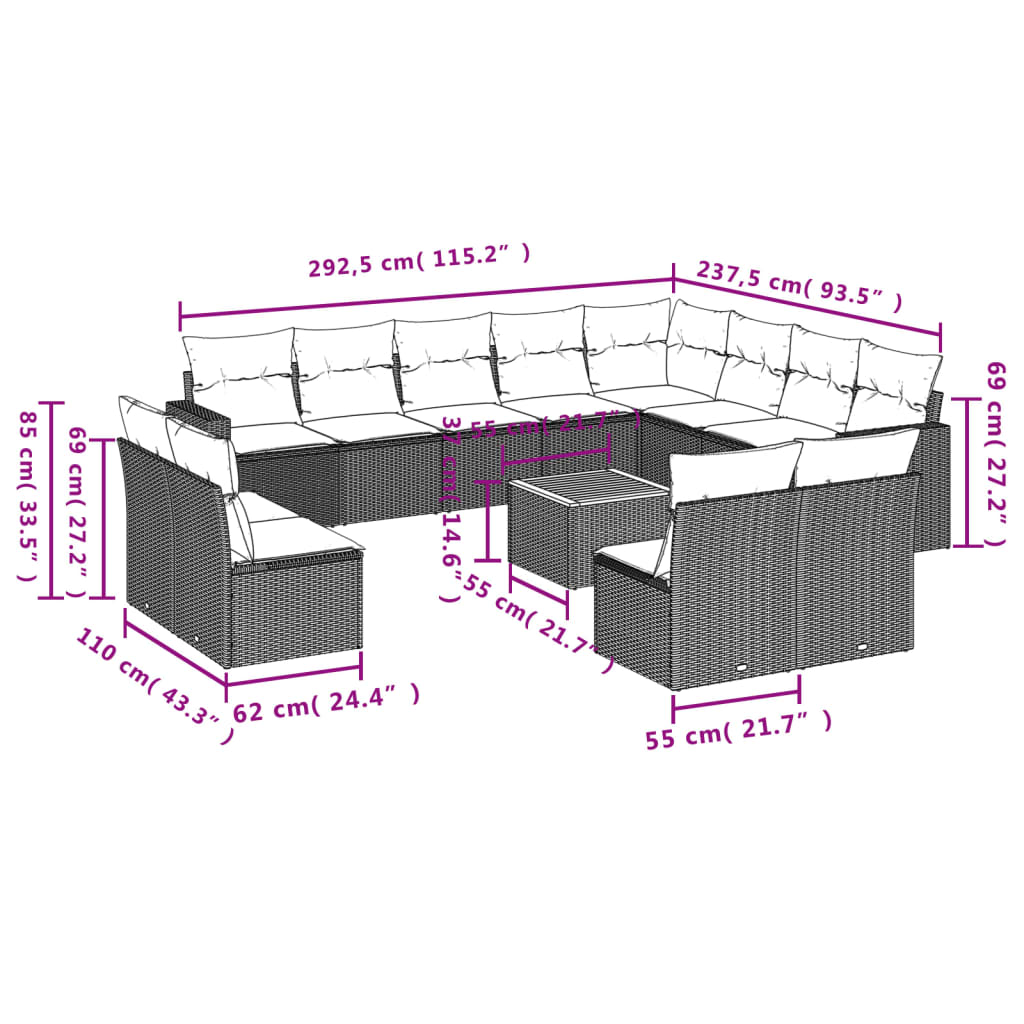 vidaXL Salon de jardin 13 pcs avec coussins Résine tressée Beige