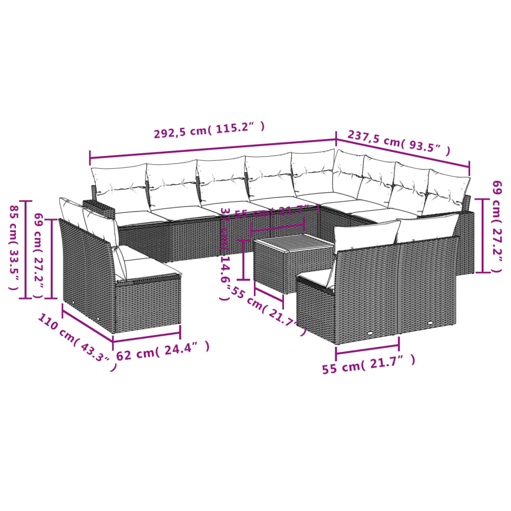 vidaXL Salon de jardin 13 pcs avec coussins Résine tressée Gris