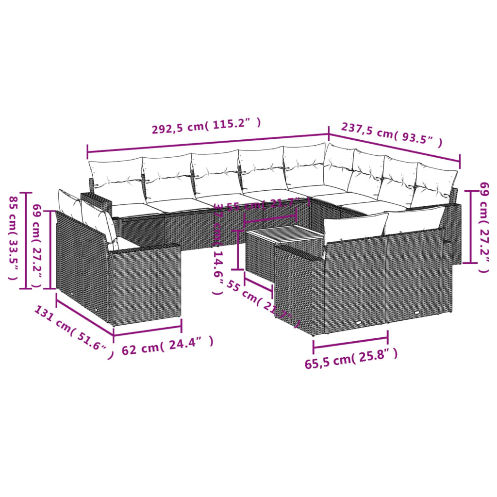 vidaXL Salon de jardin 13 pcs avec coussins Résine tressée Beige