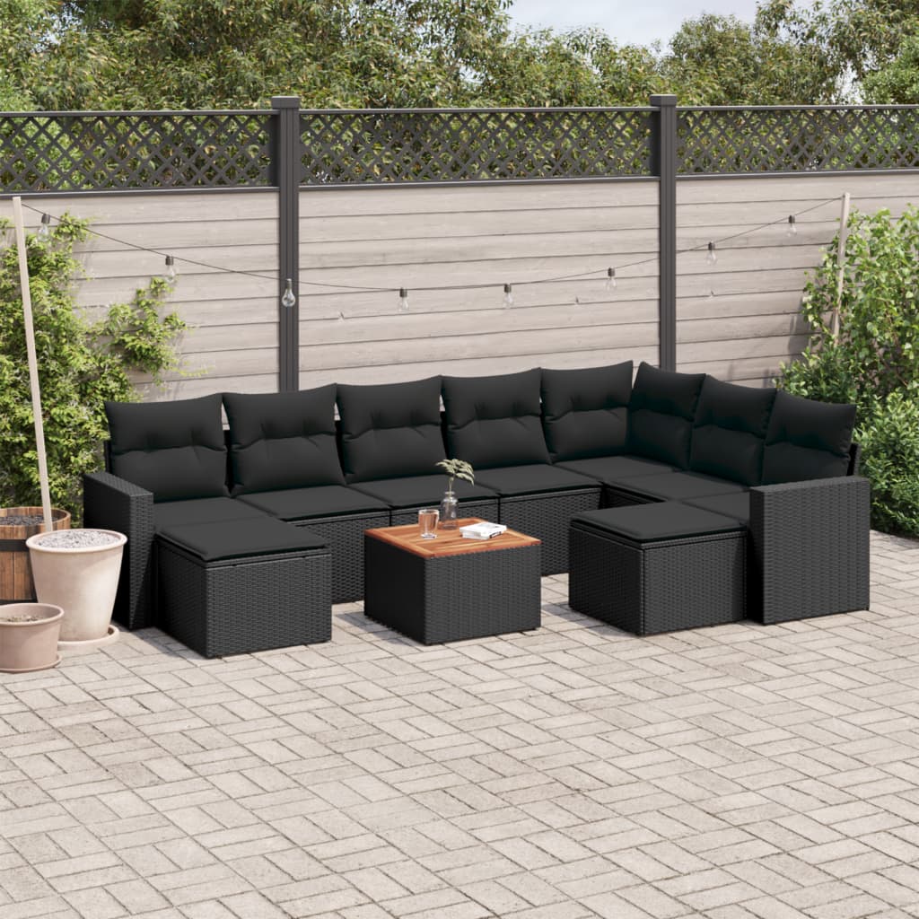 vidaXL Salon de jardin 10 pcs avec coussins Noir Résine tressée
