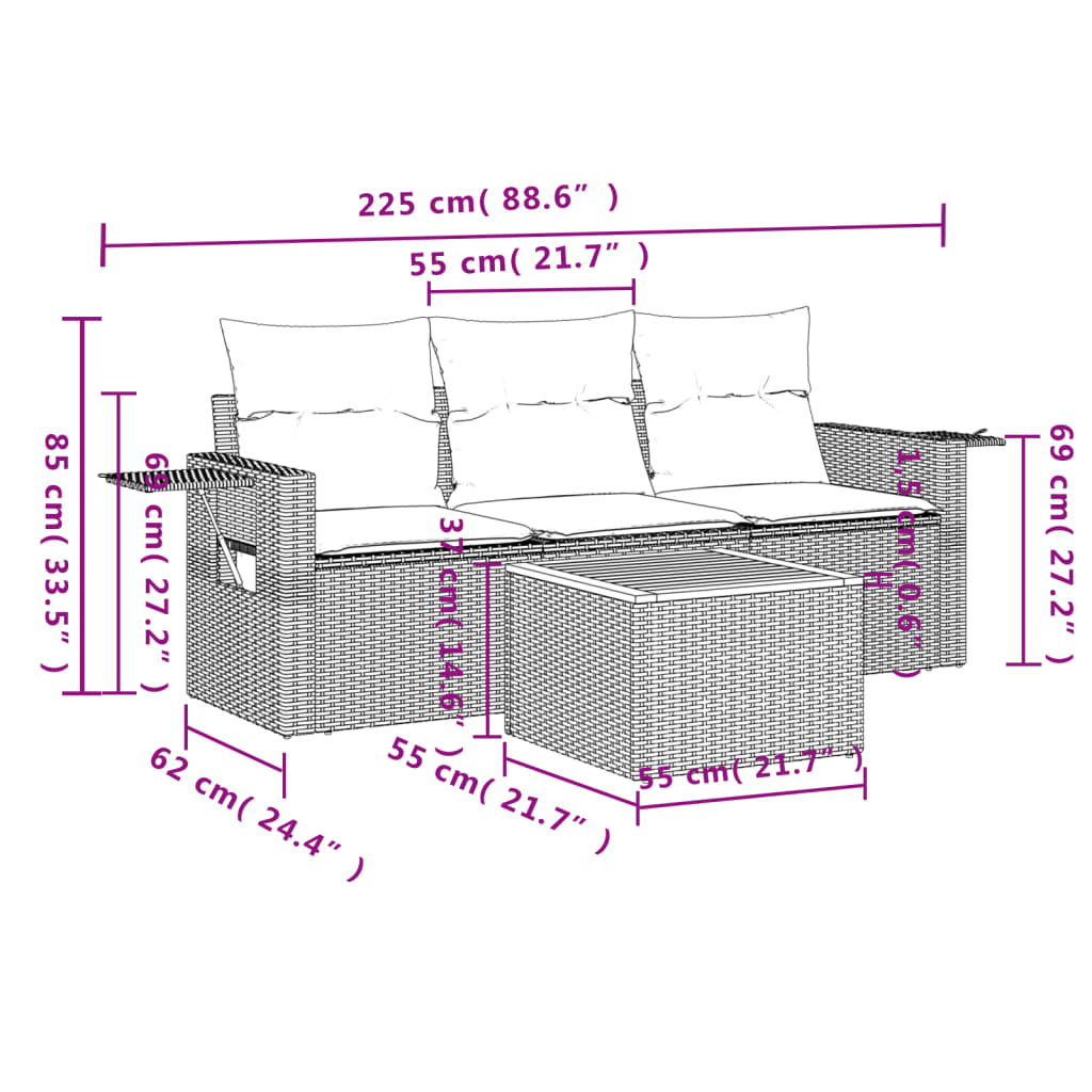 vidaXL 4-tlg. Garten-Sofagarnitur mit Kissen Beige Poly Rattan