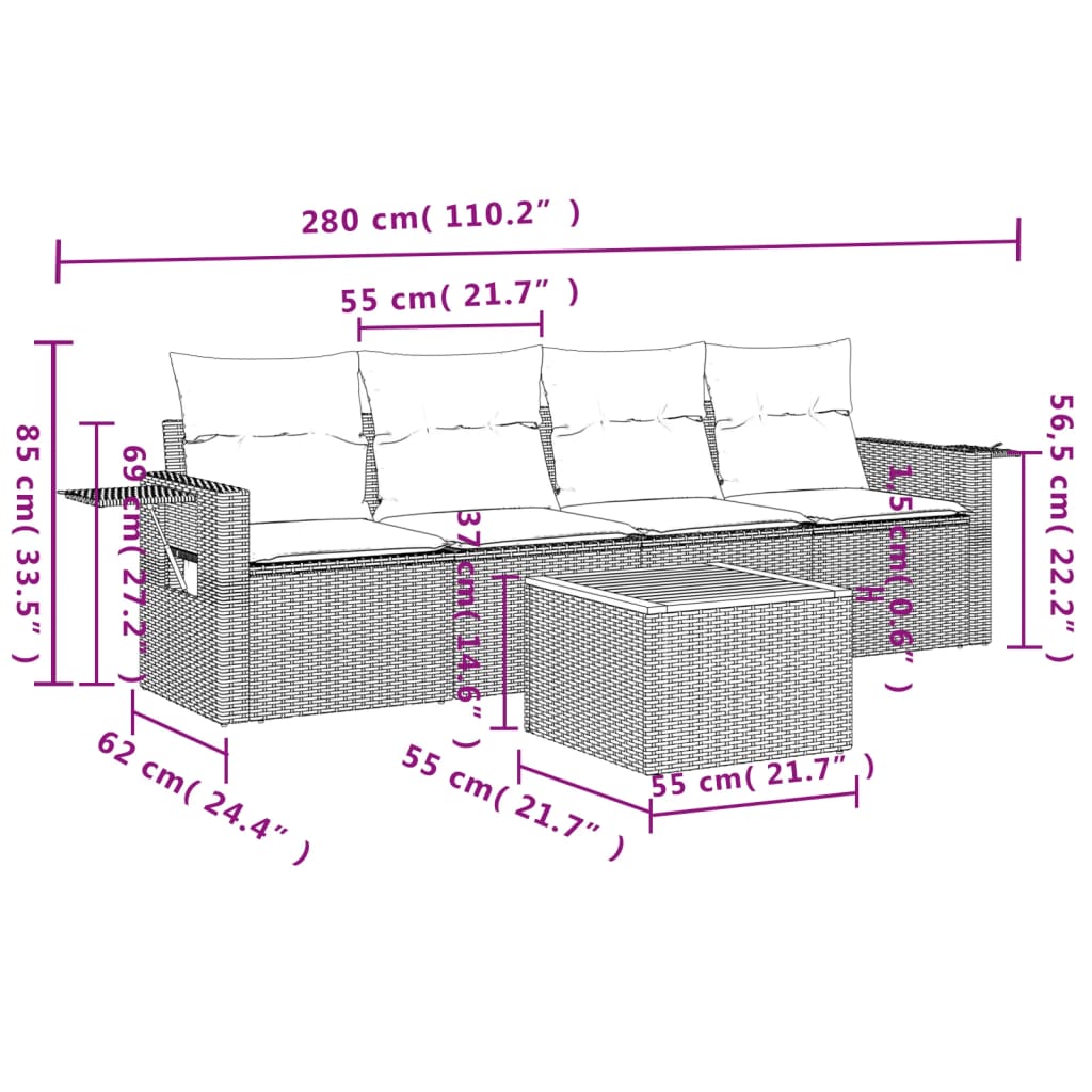 vidaXL Ensemble de canapés de jardin 5 pcs avec coussins, résine tressée noire