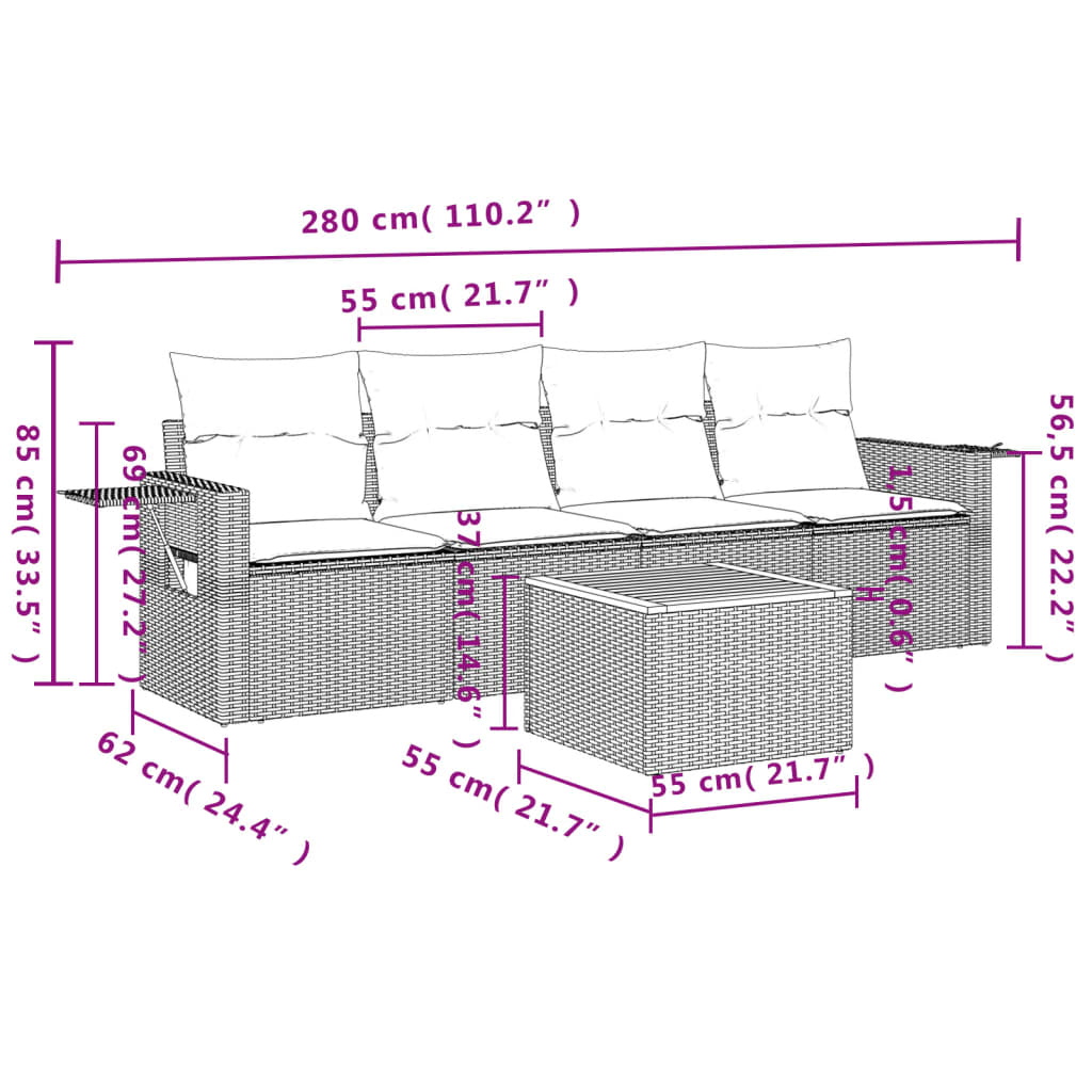 vidaXL Ensemble de canapés de jardin 5 pièces avec coussins en rotin synthétique gris