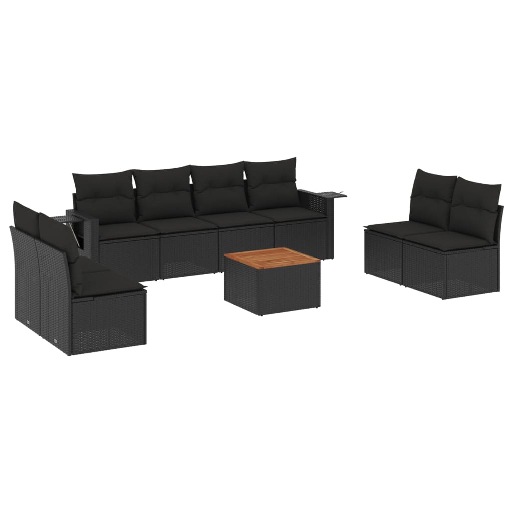 vidaXL Salon de jardin 9 pcs avec coussins Noir Résine tressée