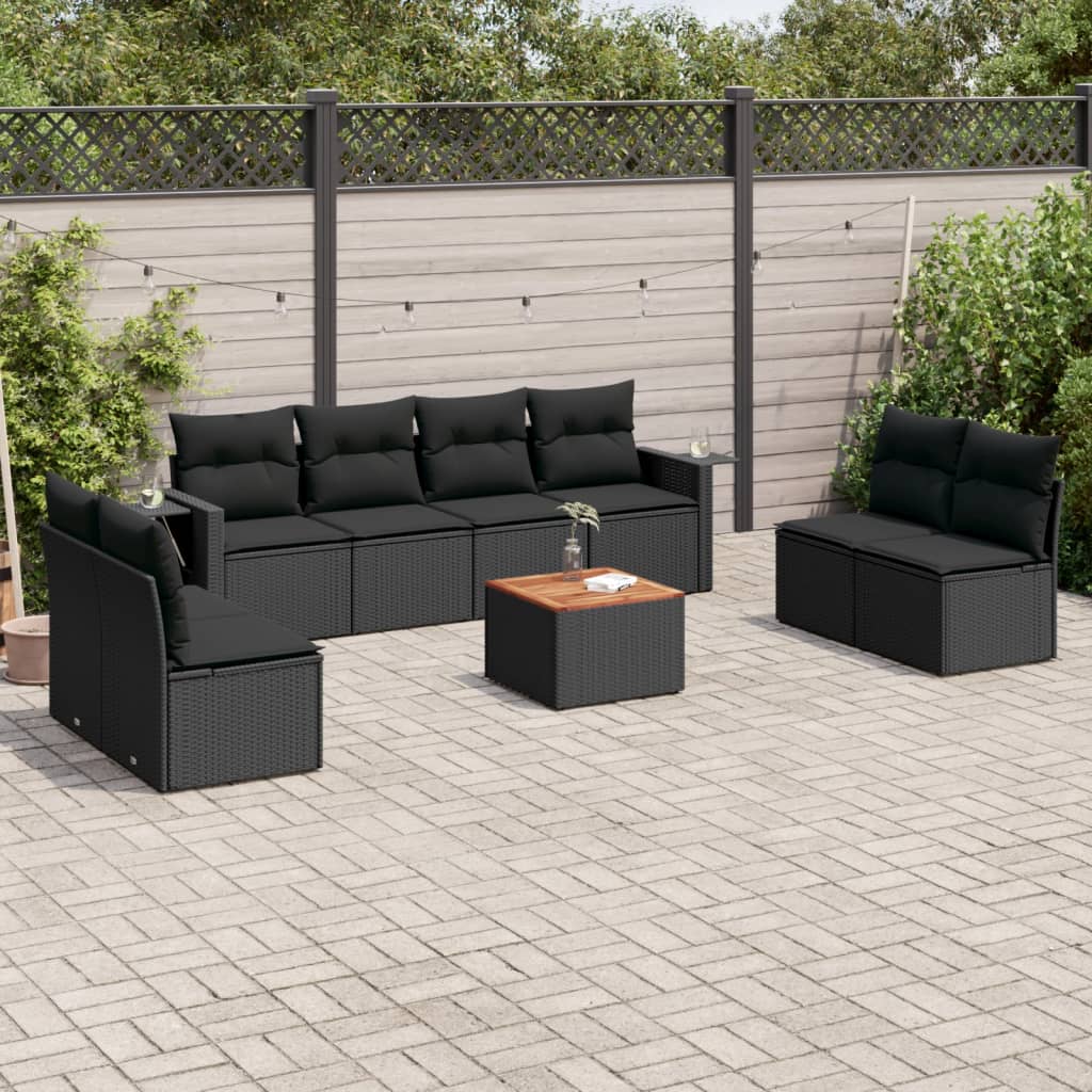 vidaXL Salon de jardin 9 pcs avec coussins Noir Résine tressée