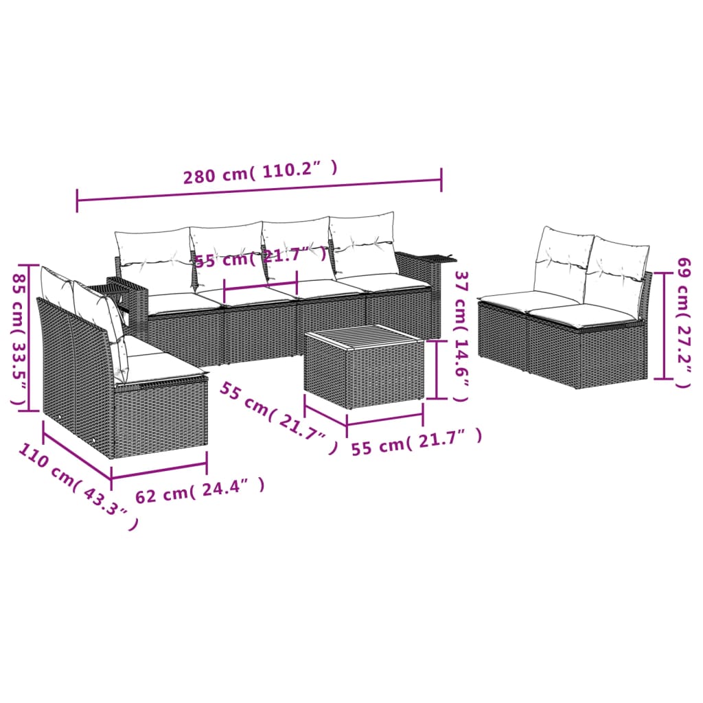 vidaXL Salon de jardin 9 pcs avec coussins Résine tressée Gris