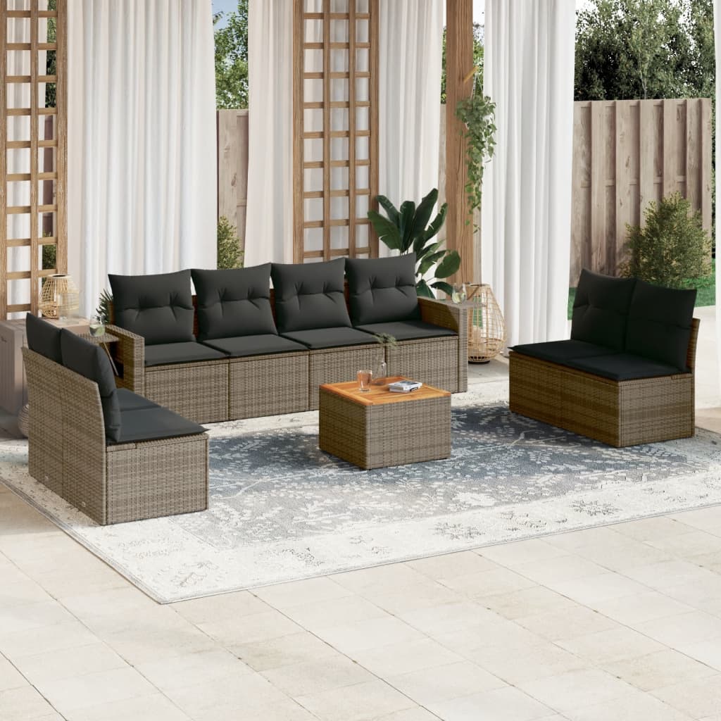 vidaXL Salon de jardin 9 pcs avec coussins Résine tressée Gris