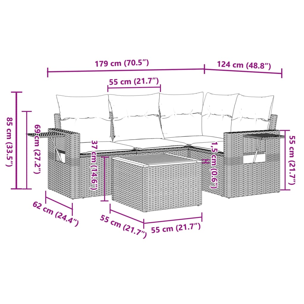 vidaXL 5-tlg. Garten-Sofagarnitur mit Kissen Grau Poly Rattan