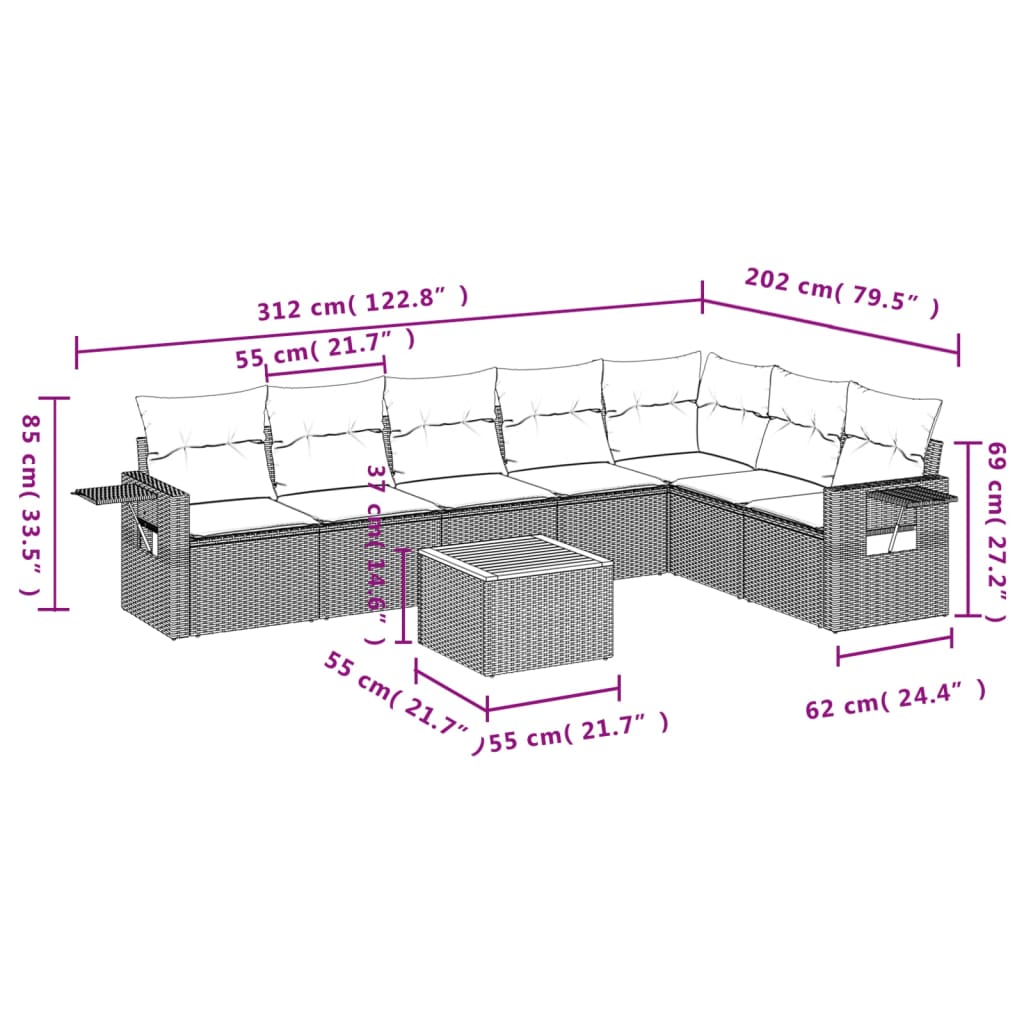 vidaXL Canapé d'angle de jardin 8 pcs avec coussins Résine tressée Beige