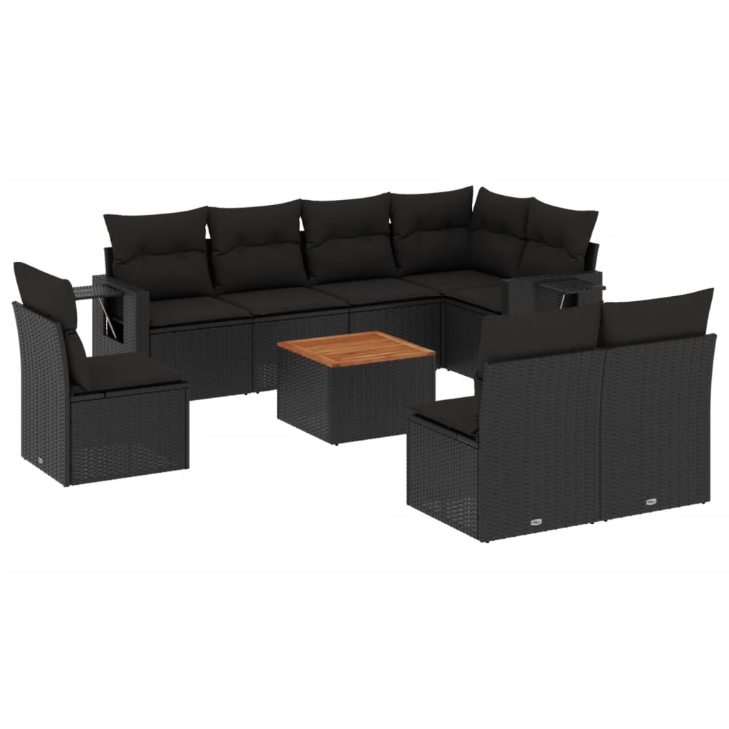vidaXL Salon de jardin 9 pcs avec coussins Noir Résine tressée