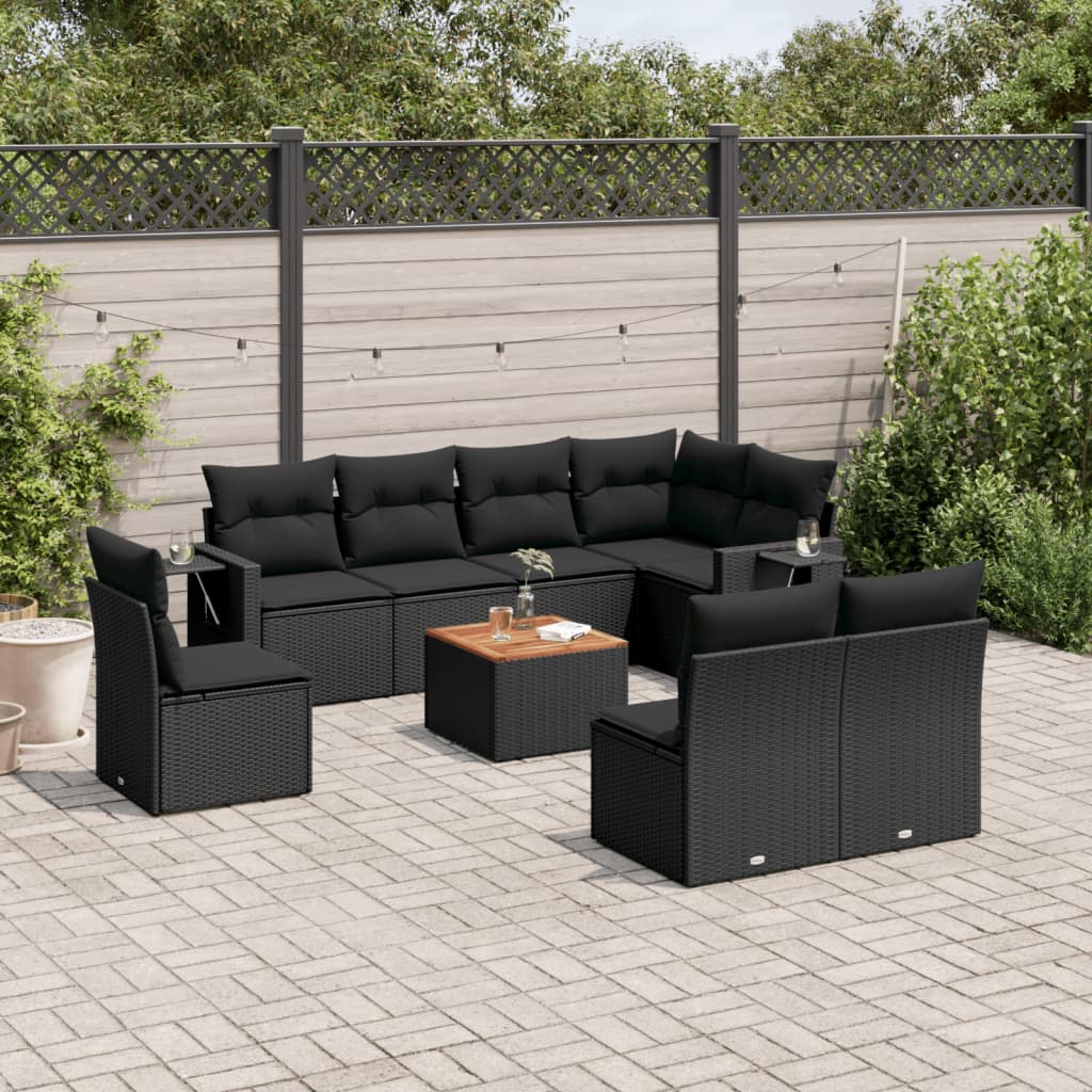 vidaXL Salon de jardin 9 pcs avec coussins Noir Résine tressée
