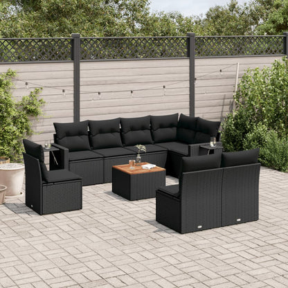vidaXL Salon de jardin 9 pcs avec coussins Noir Résine tressée
