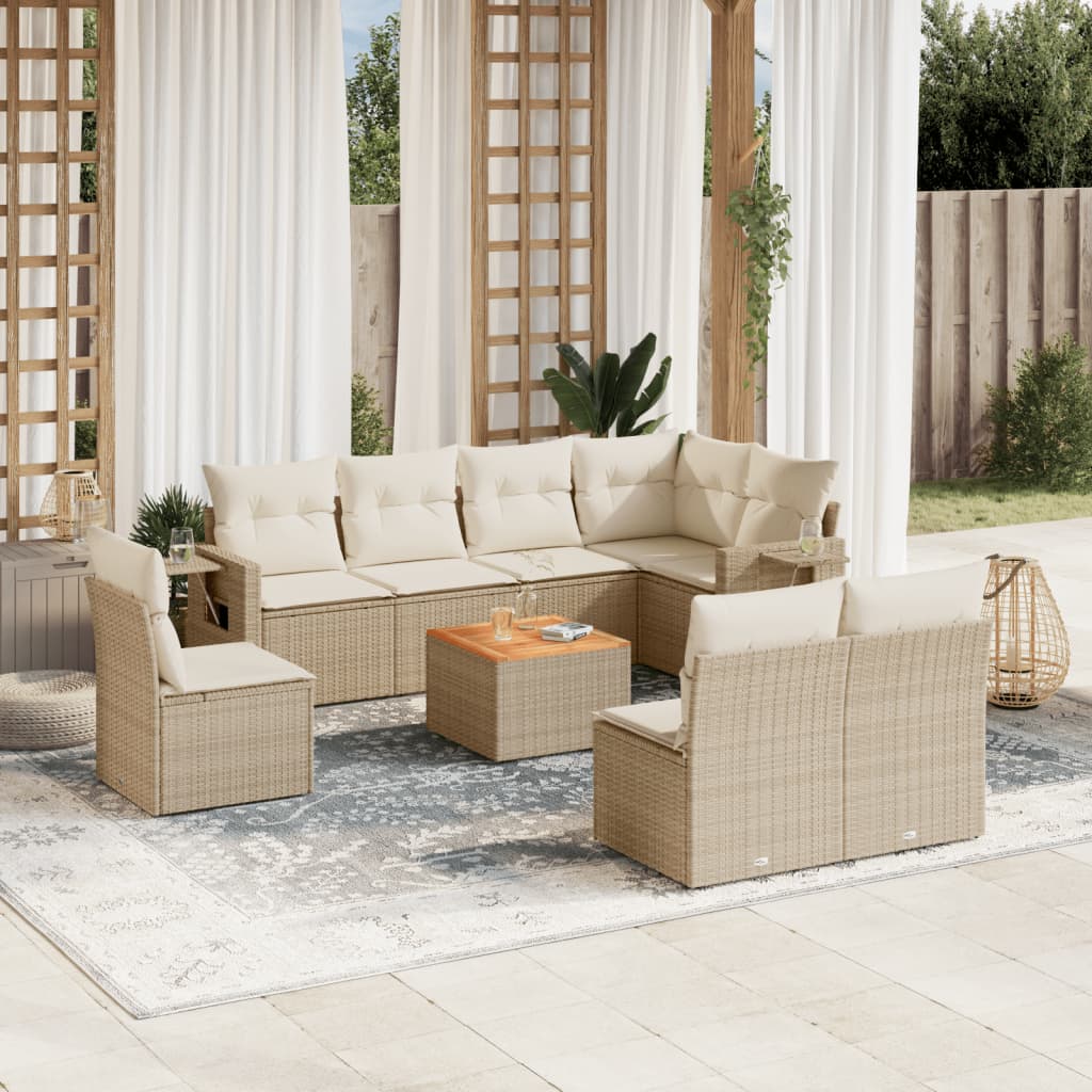 vidaXL Salon de jardin 9 pcs avec coussins Résine tressée Beige