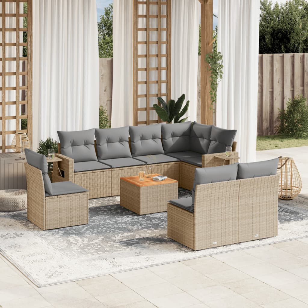 vidaXL Salon de jardin 9 pcs avec coussins Résine tressée Beige