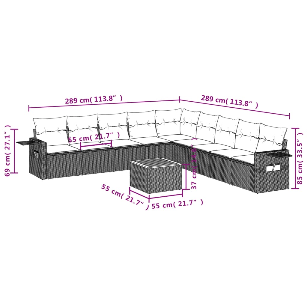 vidaXL 10-tlg. Garten-Sofagarnitur mit Kissen Schwarz Poly Rattan