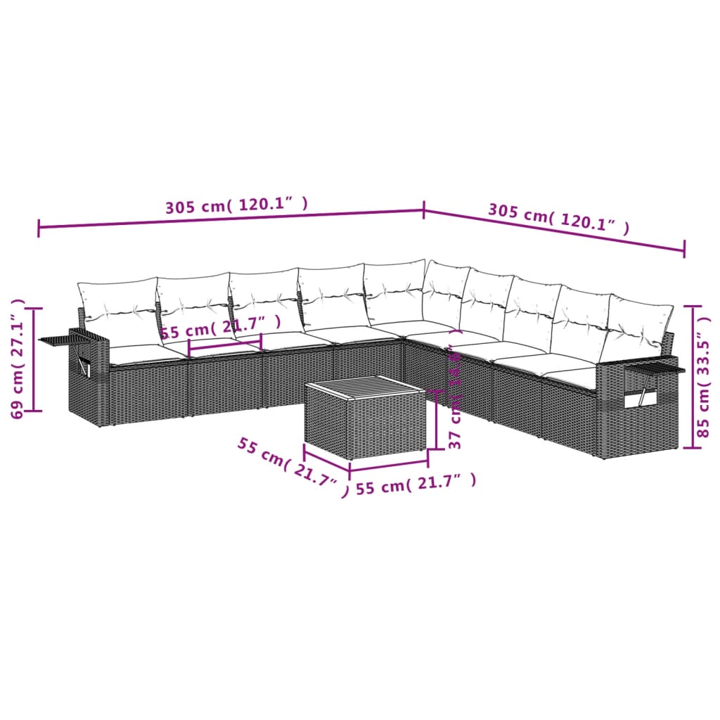 vidaXL Salon de jardin 10 pcs avec coussins beige résine tressée
