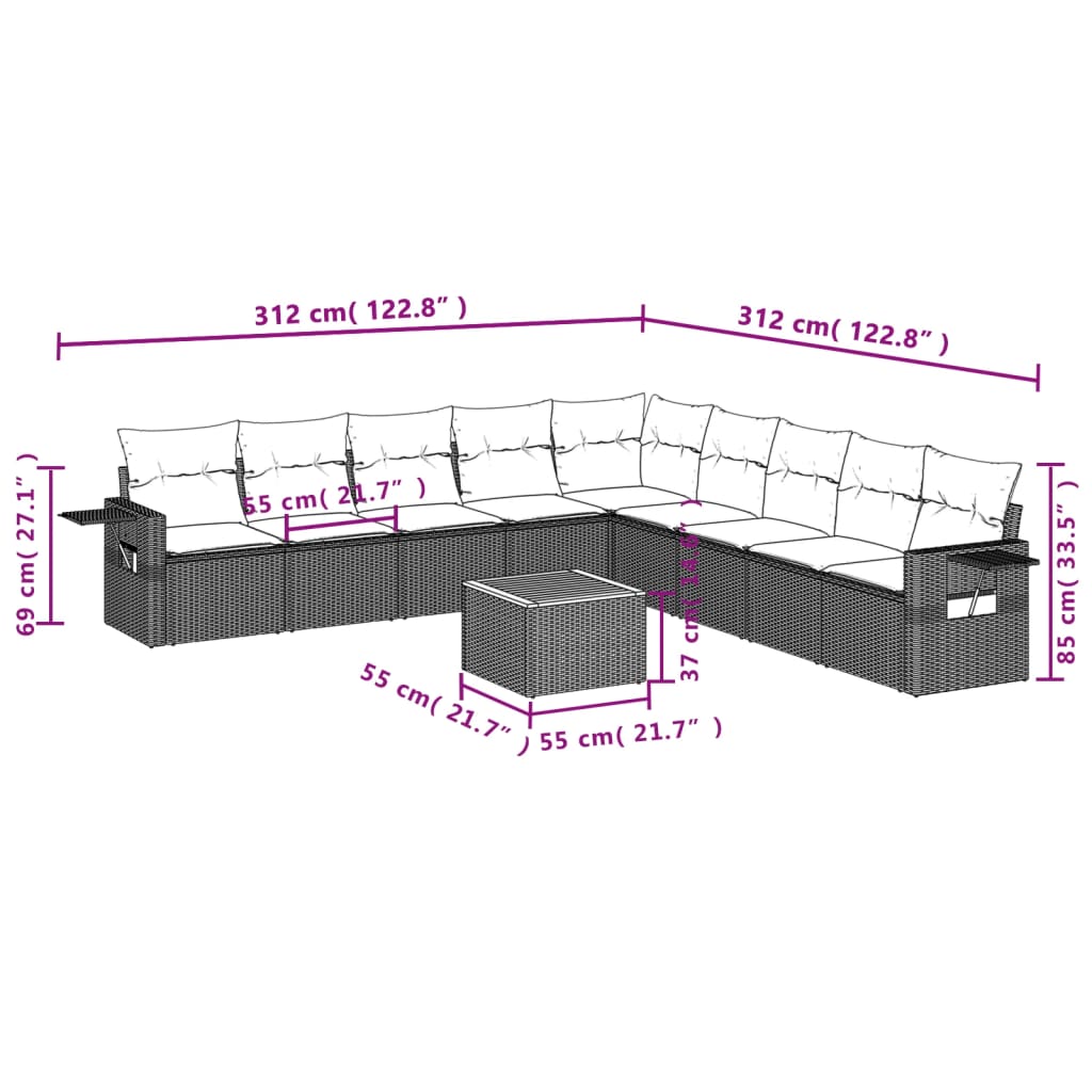 vidaXL Salon de jardin 10 pcs avec coussins résine tressée gris