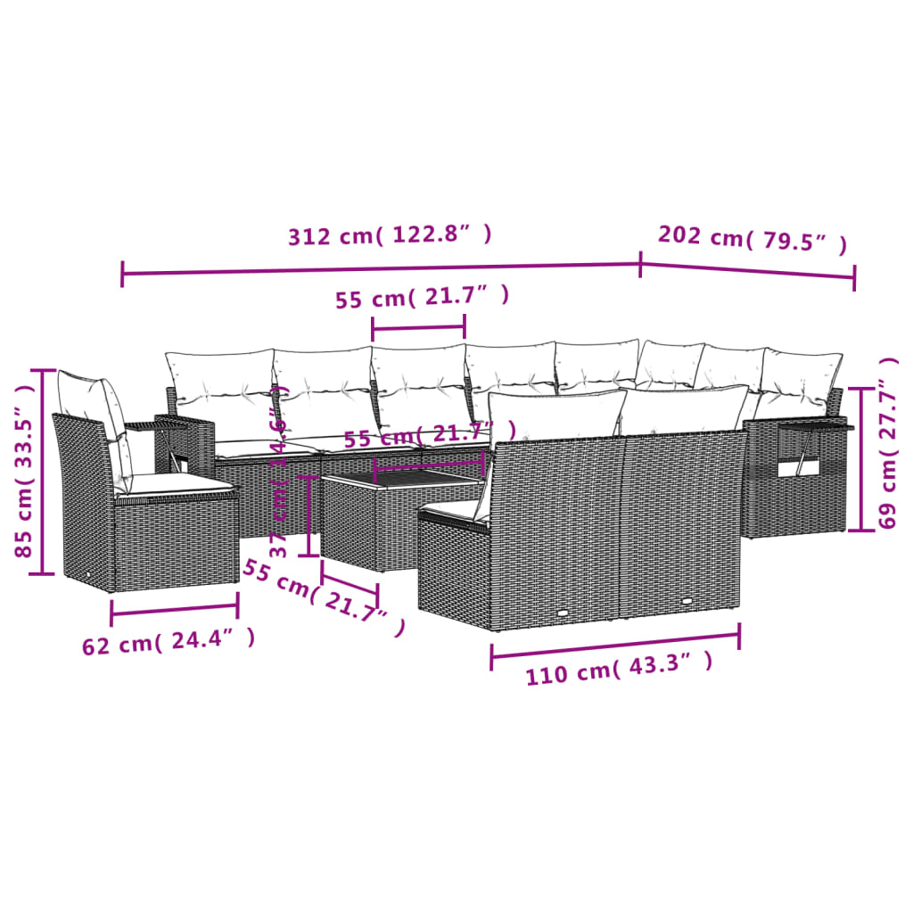 vidaXL Salon de jardin 11 pcs avec coussins Noir Résine tressée