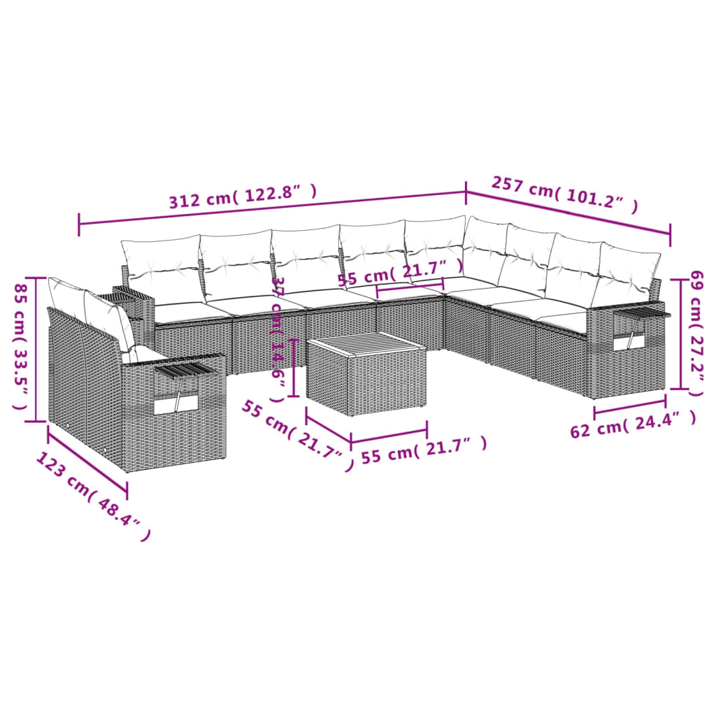 vidaXL Ensemble de canapés de jardin 11 pcs avec coussins en rotin synthétique beige