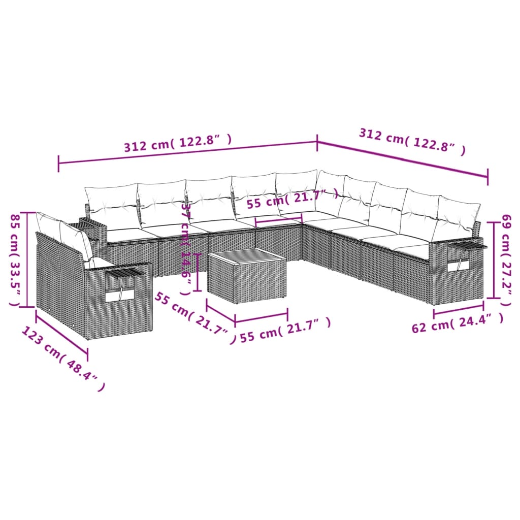 vidaXL Ensemble de canapés de jardin 12 pcs avec coussins Noir Résine tressée