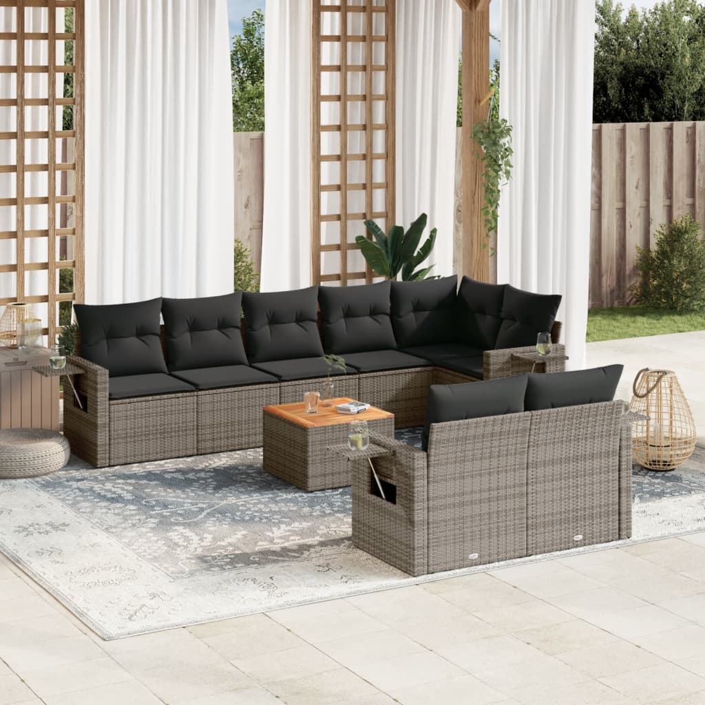 vidaXL Salon de jardin 9 pcs avec coussins Résine tressée Gris