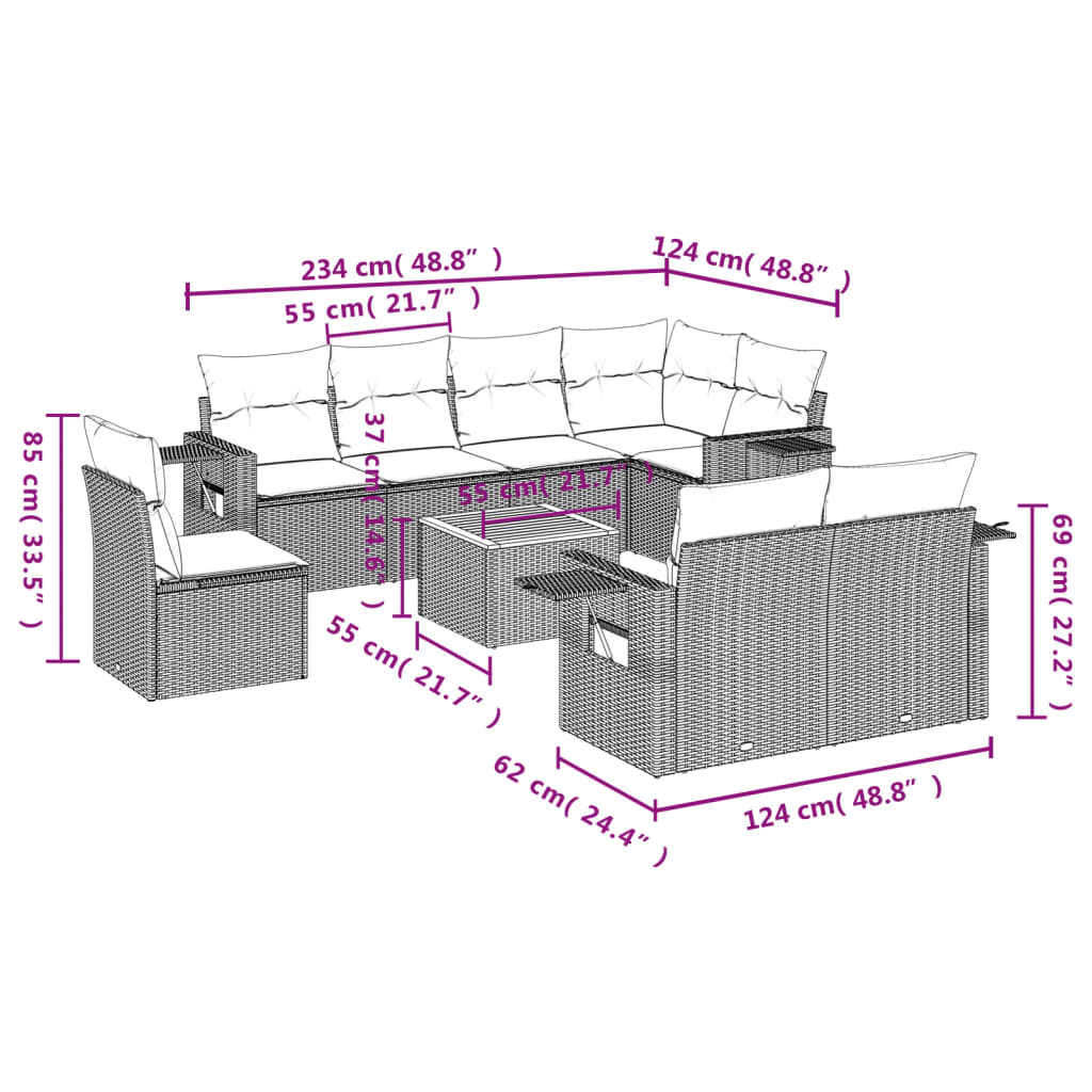 vidaXL Salon de jardin 9 pcs avec coussins Résine tressée Gris