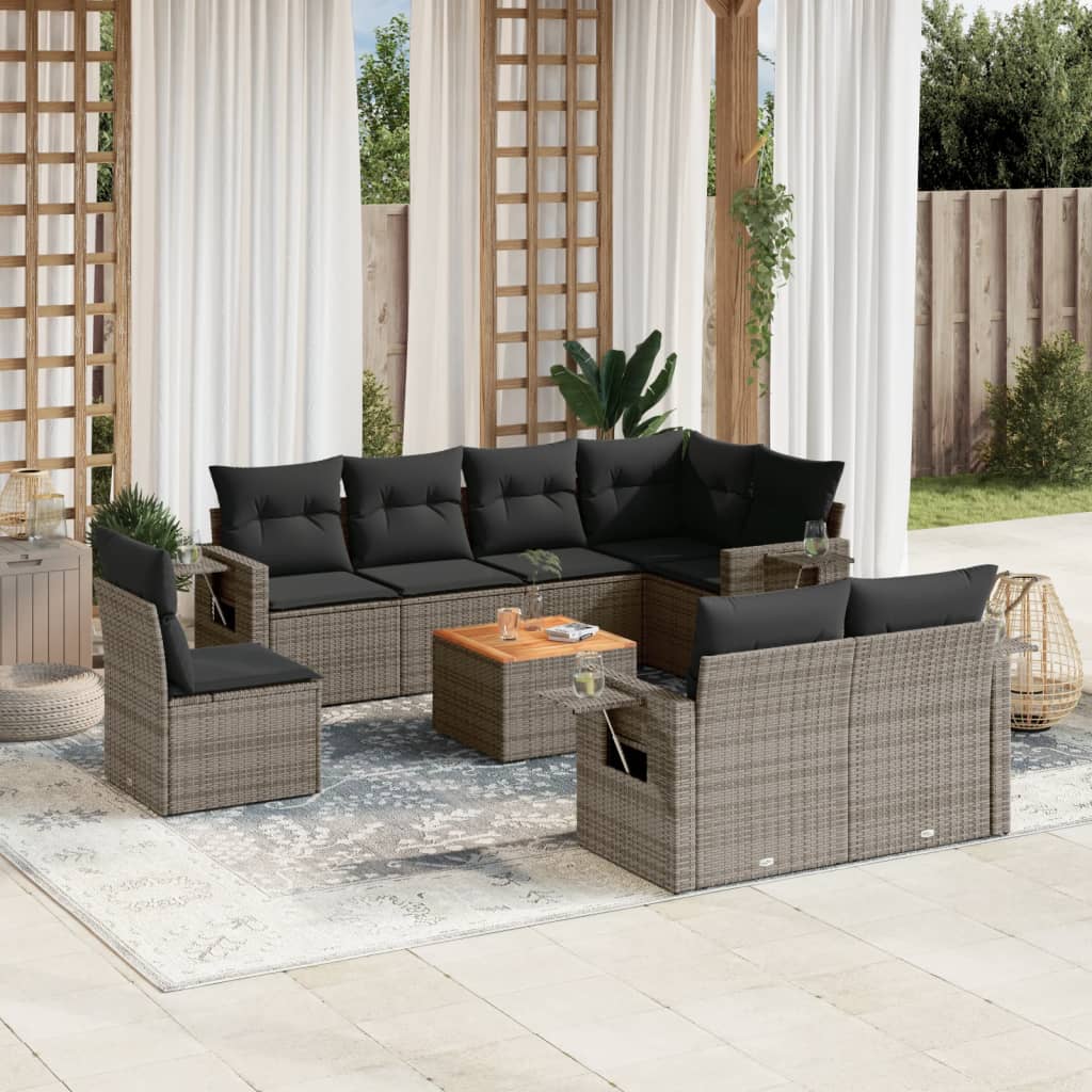 vidaXL Salon de jardin 9 pcs avec coussins Résine tressée Gris