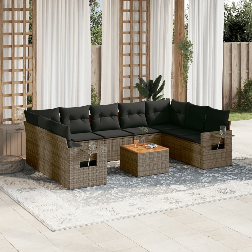 vidaXL Salon de jardin 10 pcs avec coussins résine tressée gris