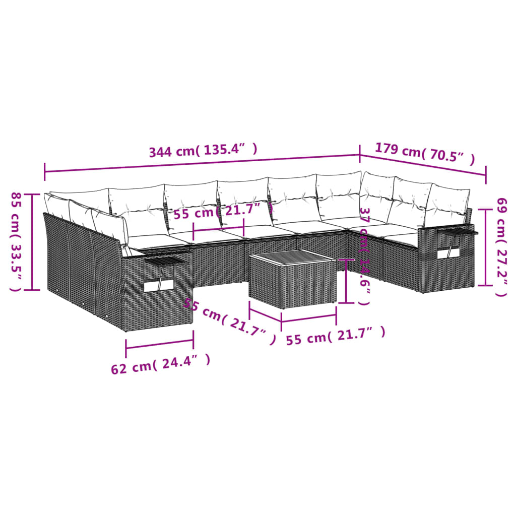 vidaXL Salon de jardin 11 pcs avec coussins Noir Résine tressée