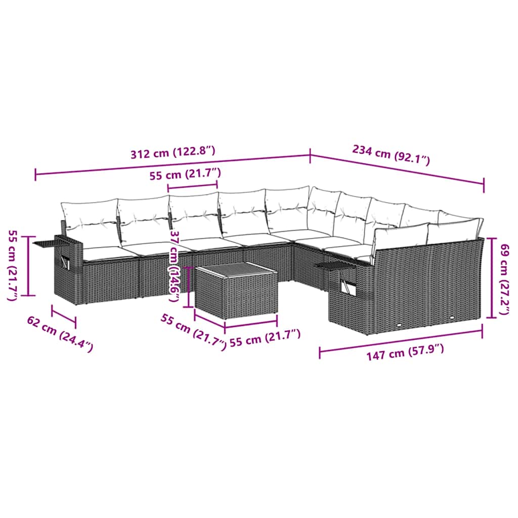 vidaXL Salon de jardin 11 pcs avec coussins Noir Résine tressée