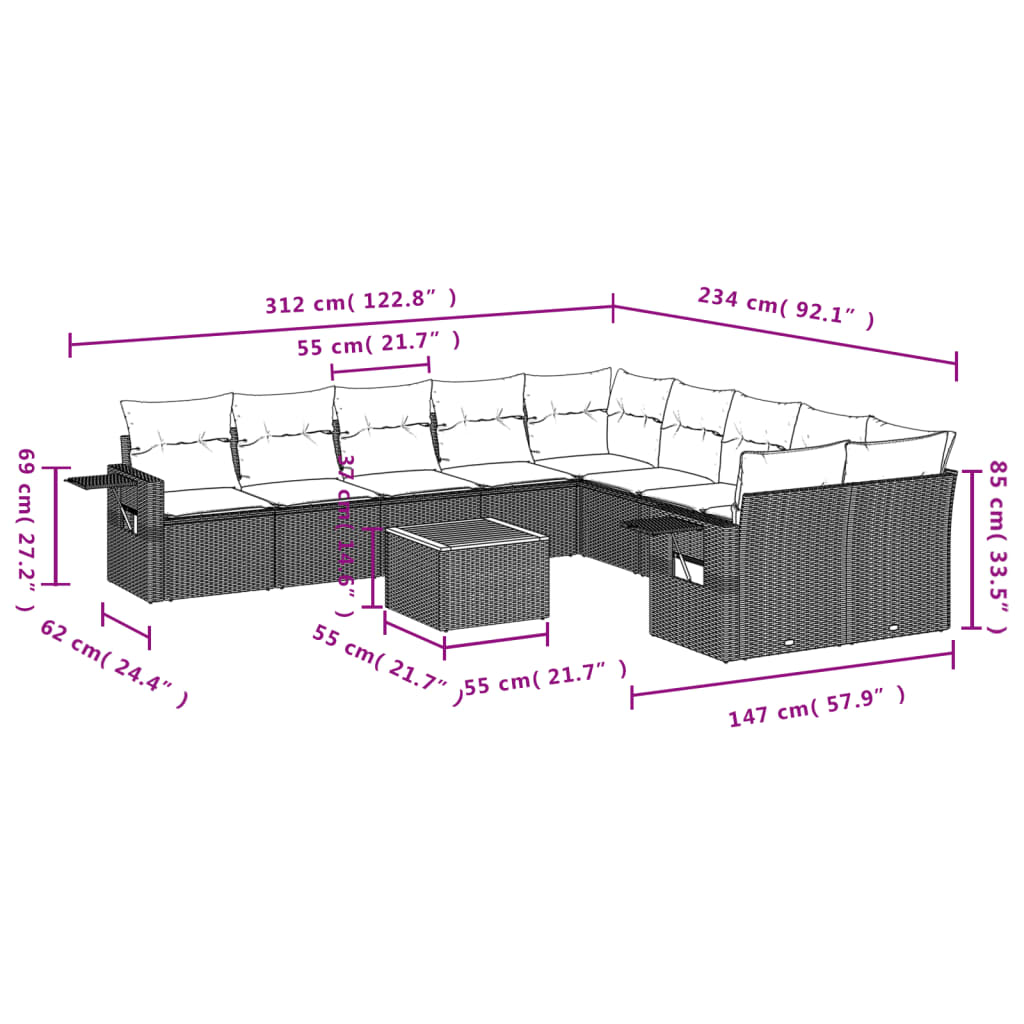 vidaXL Ensemble de canapés de jardin 11 pcs avec coussins en rotin synthétique beige