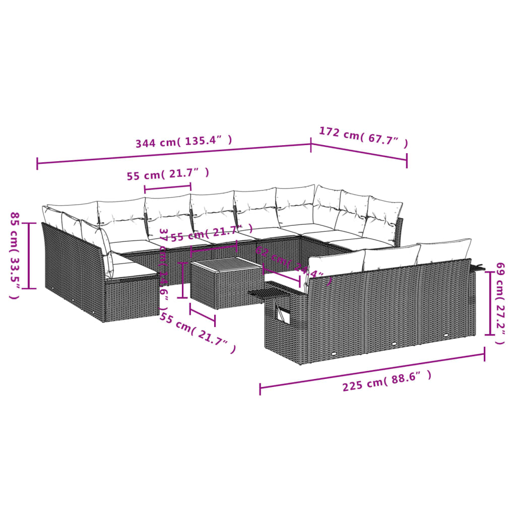 vidaXL 14-tlg. Garten-Sofagarnitur mit Kissen Beige Poly Rattan