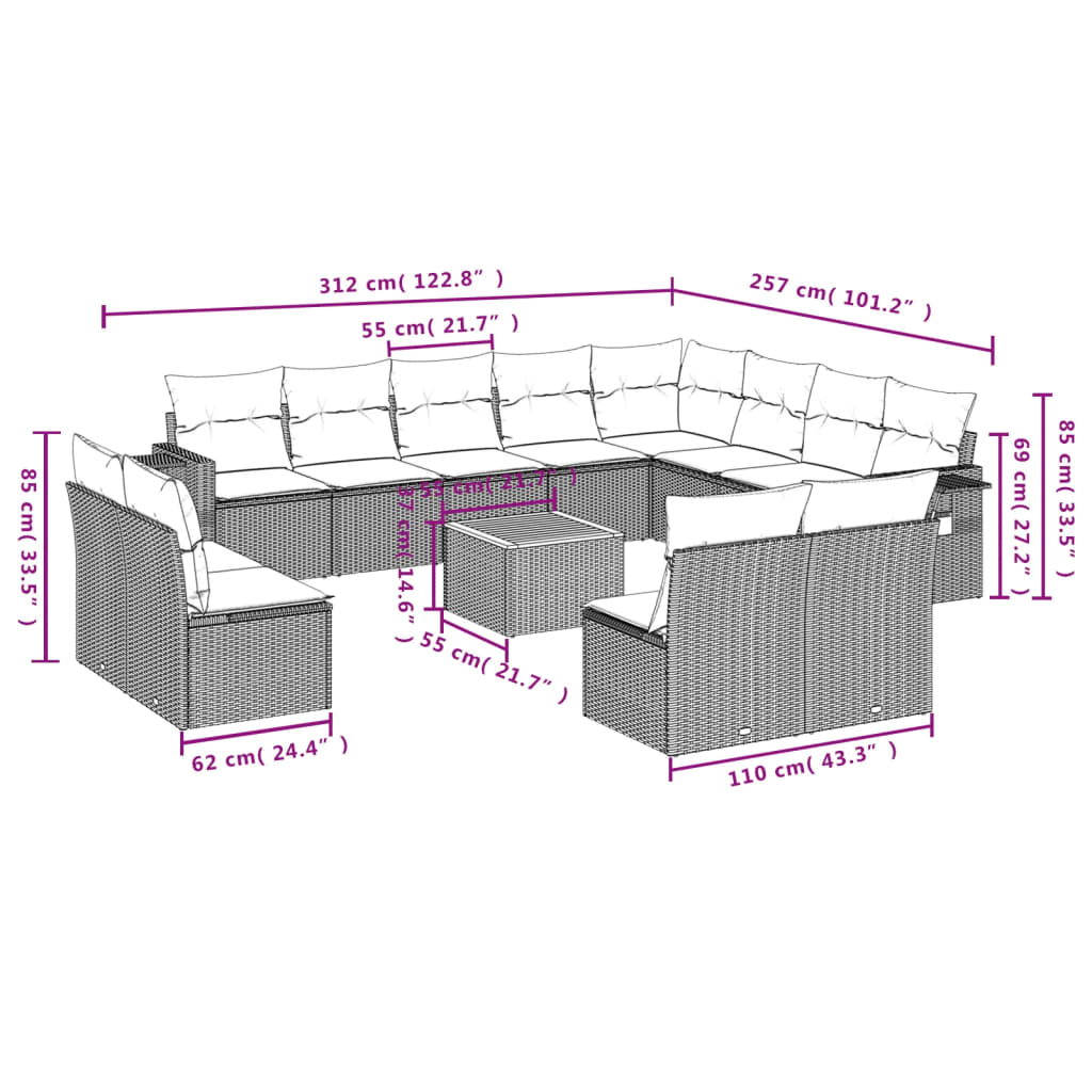 vidaXL Salon de jardin 13 pcs avec coussins Résine tressée Beige
