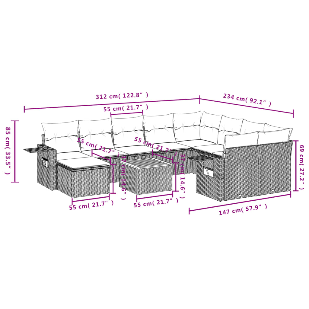 vidaXL Ensemble de canapés de jardin 11 pcs avec coussins en rotin synthétique beige