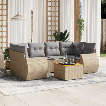 vidaXL 7-tlg. Garten-Sofagarnitur mit Kissen Beige Poly Rattan