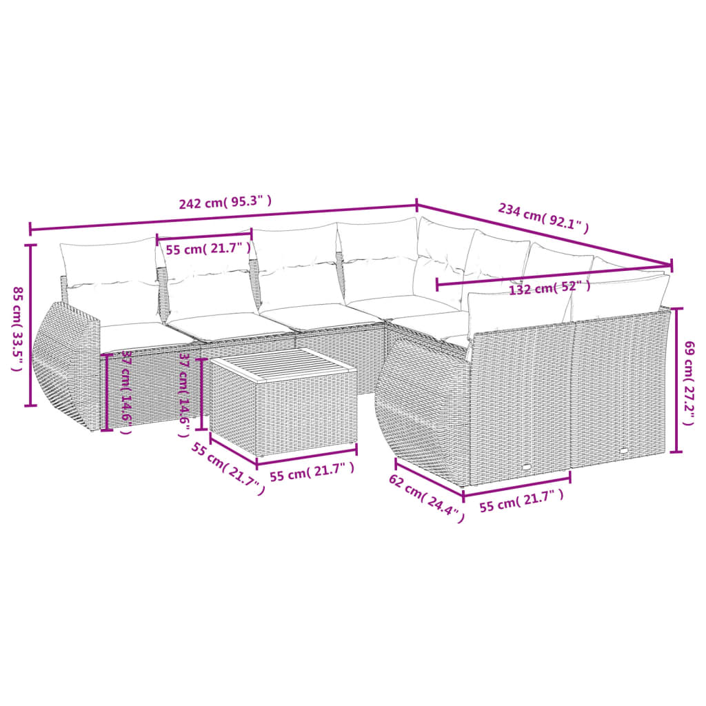 vidaXL 9-tlg. Garten-Sofagarnitur mit Kissen Grau Poly Rattan
