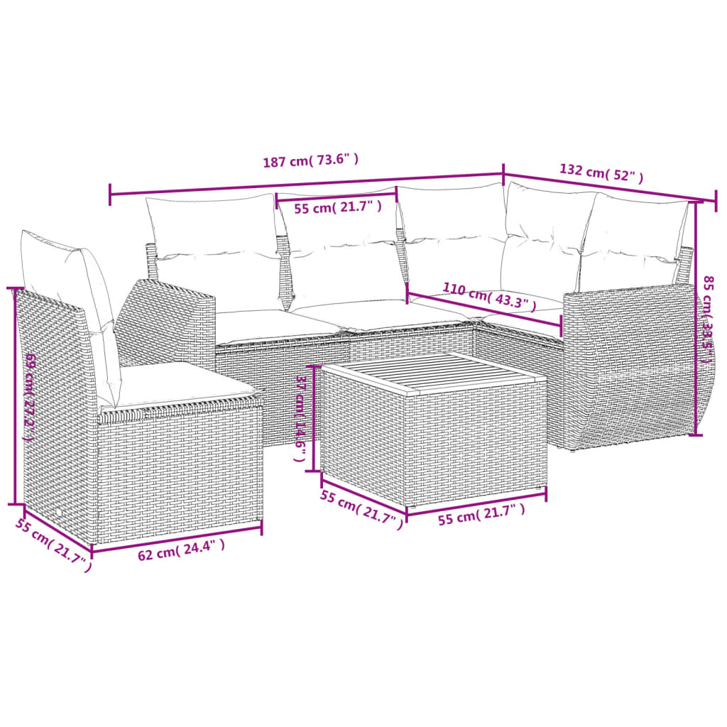 vidaXL 6-tlg. Garten-Sofagarnitur mit Kissen Beige Poly Rattan