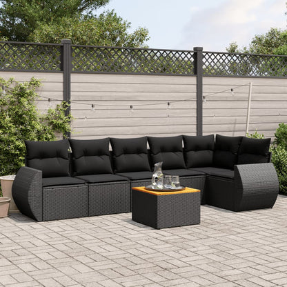 7-tlg. Garten-Sofagarnitur mit Kissen Schwarz Poly Rattan