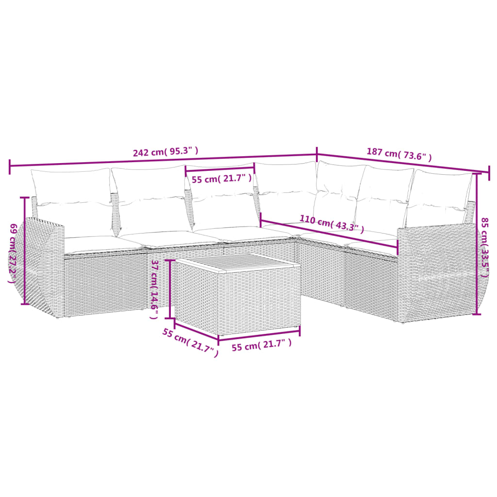 vidaXL 7-tlg. Garten-Sofagarnitur mit Kissen Beige Poly Rattan