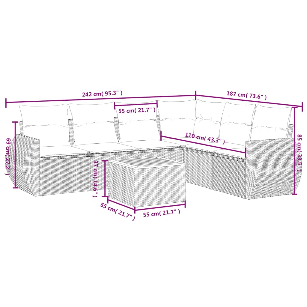 vidaXL 7-tlg. Garten-Sofagarnitur mit Kissen Grau Poly Rattan
