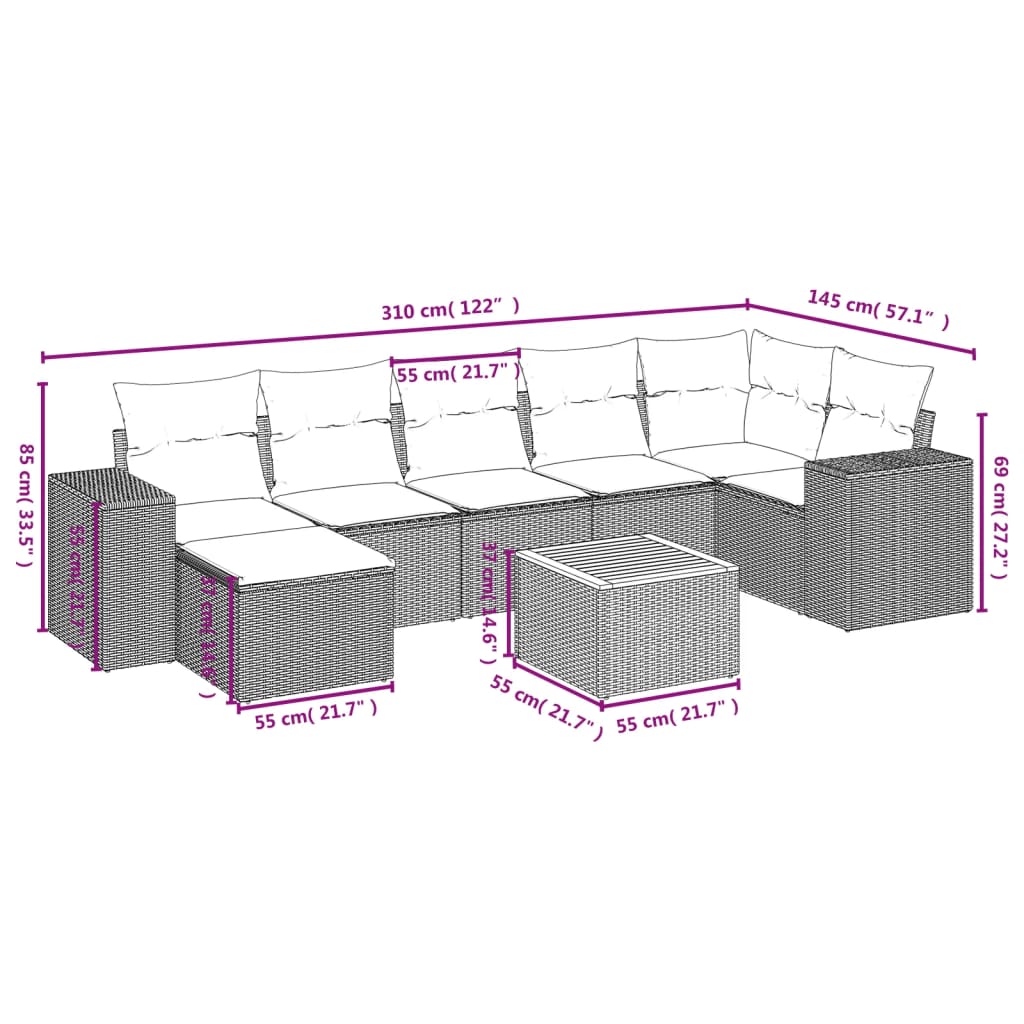 vidaXL 8-tlg. Garten-Sofagarnitur mit Kissen Beige Poly Rattan