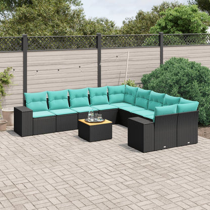 11-teiliges Gartensofa-Set mit Kissen, schwarzes Polyrattan