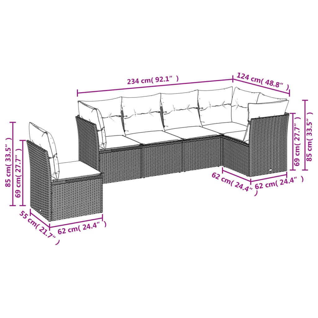 vidaXL 6-tlg. Garten-Sofagarnitur mit Kissen Beige Poly Rattan