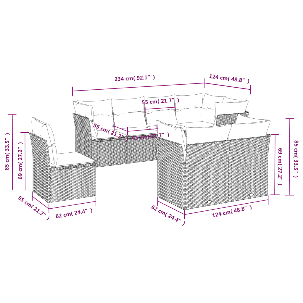 vidaXL 8-tlg. Garten-Sofagarnitur mit Kissen Braun Poly Rattan