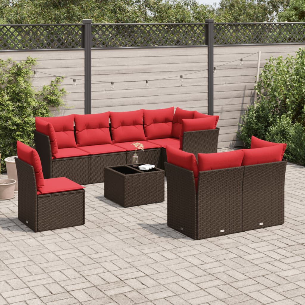 vidaXL 9-tlg. Garten-Sofagarnitur mit Kissen Braun Poly Rattan