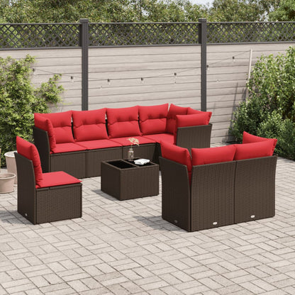 vidaXL 9-tlg. Garten-Sofagarnitur mit Kissen Braun Poly Rattan