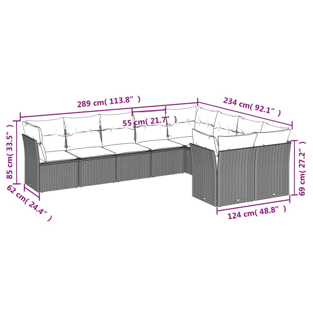 vidaXL Salon de jardin 9 pcs avec coussins Noir Résine tressée